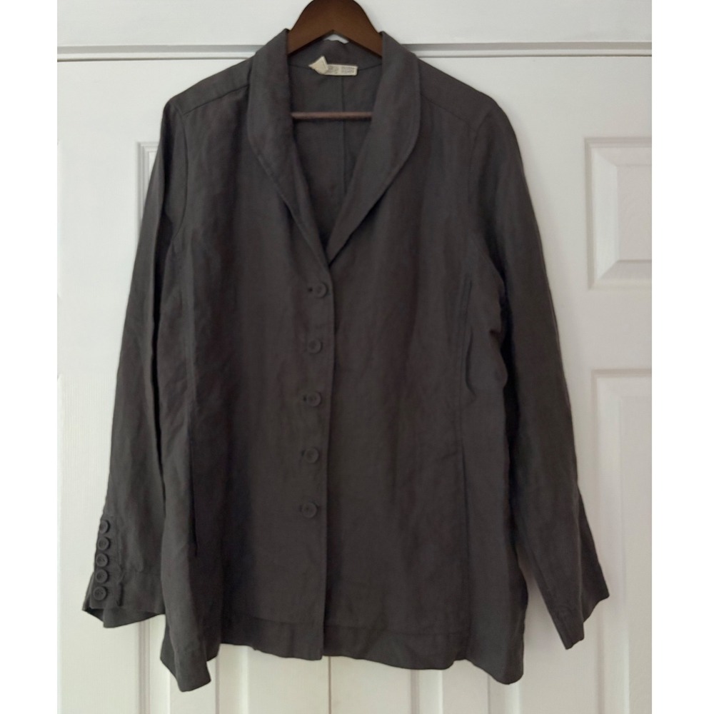 Eileen Fisher Charcoal Gray 100% Linen Button Front Blazer Jacket XL